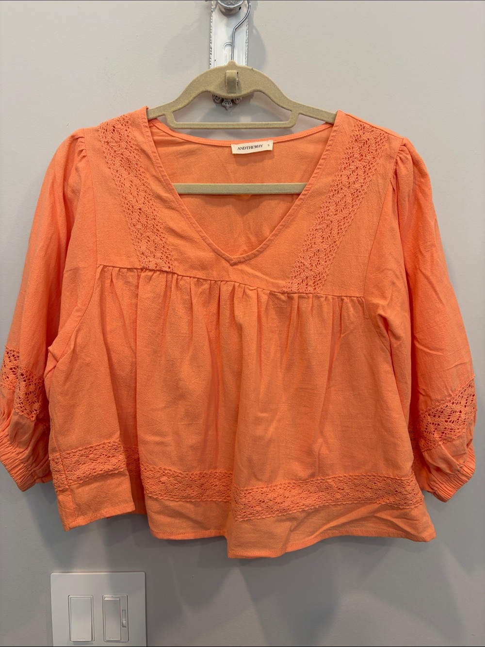Lightweight Coral Peasant Blouse with Lace Insets